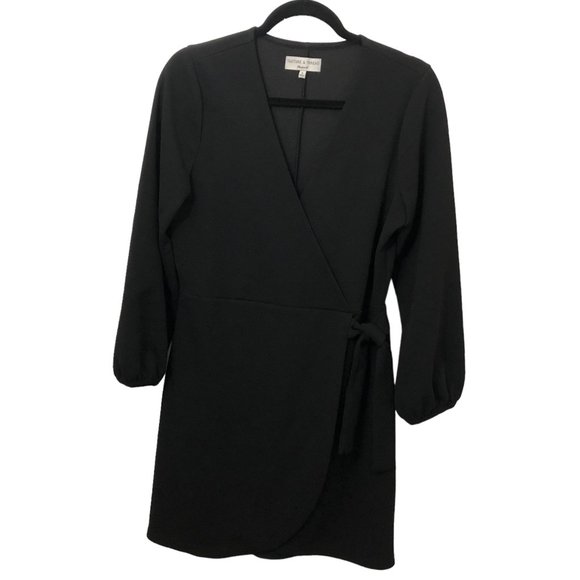 Texture & Thread Madewell Solid Black V-neck Faux Wrap Long Sleeve Dress M - Picture 1 of 9